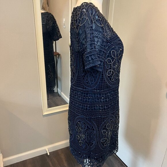 Aidan Mattox Navy Short Lace Beaded Sheath Cocktail Dress, Size 12 - Picture 11 of 16